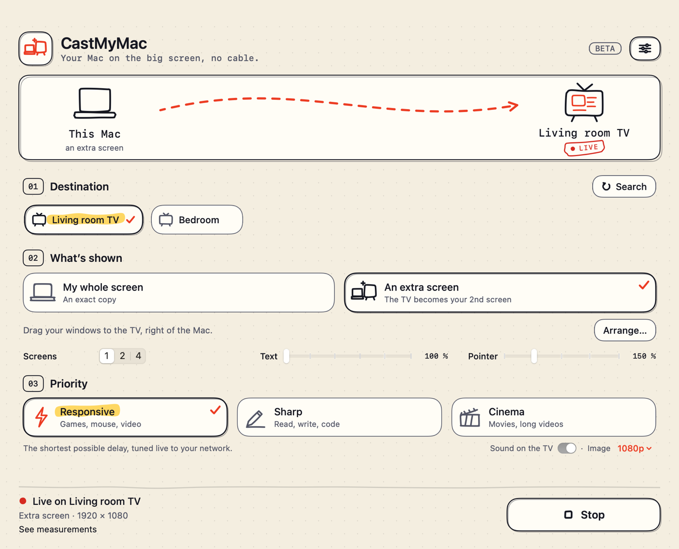 La finestra di CastMyMac durante la trasmissione su una TV