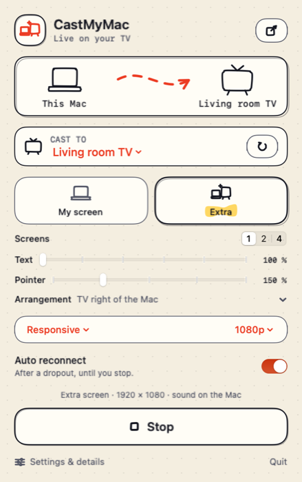 Il pannello di CastMyMac nella barra dei menu